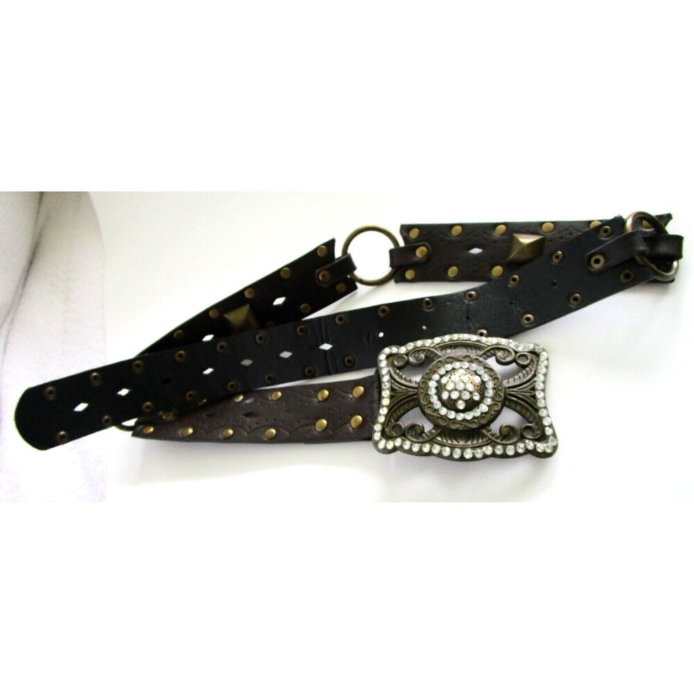 Brown Women's Western Belt - Faux Leather - Rhinestone Carved Buckle - 36 inches